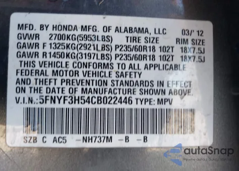 2012 Honda Pilot Ex-L z USA, uszkodzony, nr VIN 5FNYF3H54CB022446